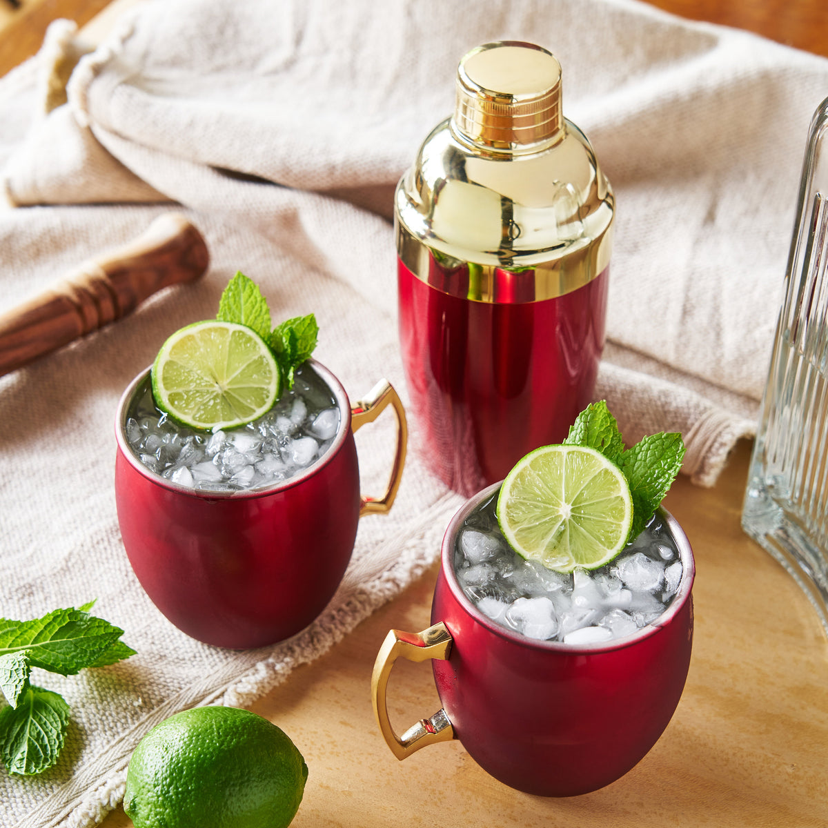 Red Mule Mug & Cocktail Shaker Gift Set; set of 3 red mugs with ice and lime, gold shaker on Tampa Home & Garden Store