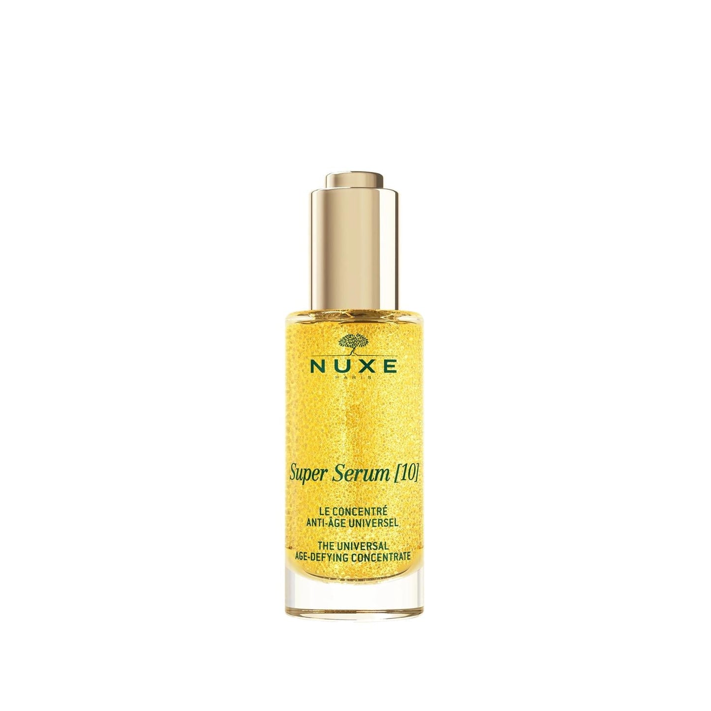 Nuxe Super Serum 10 face serum bottle with gold cap and shimmering yellow serum on Tampa Home & Garden Store