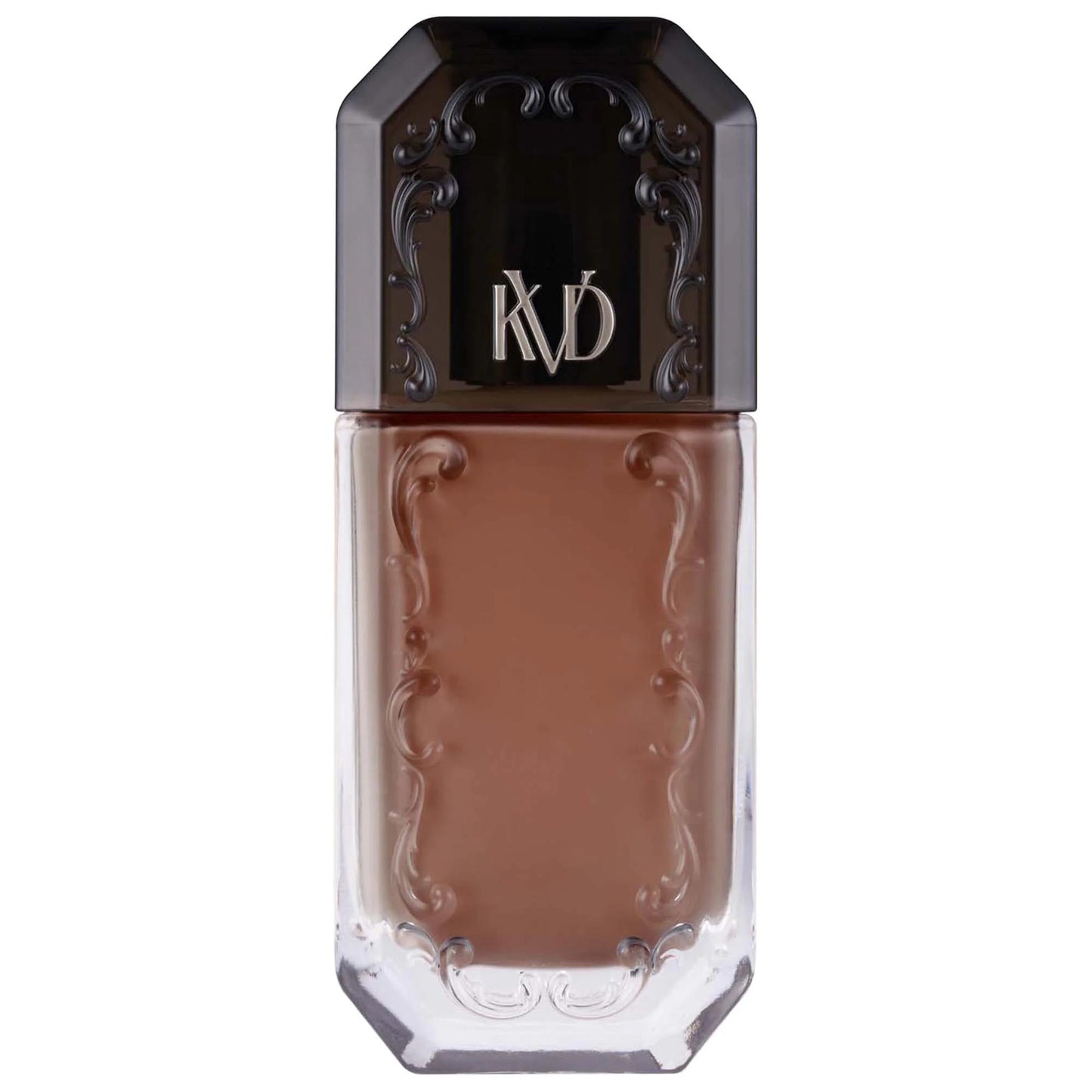 Foundation bottle Good Apple full coverage serum, brown shade, black cap with KD logo on Tampa Home & Garden Store