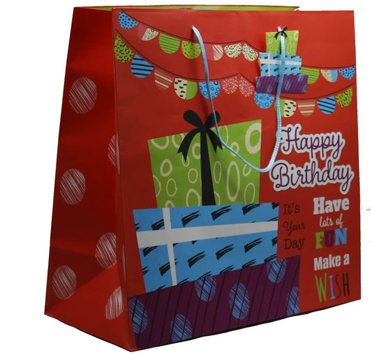 Three Piece Birthday Gift Bag Set red bag with colorful bunting graphics on Tampa Home & Garden Store