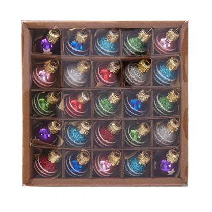 Miniature glass ball ornaments, 25-piece box, glittery spheres with gold caps in a cardboard tray on Tampa Home & Garden Store