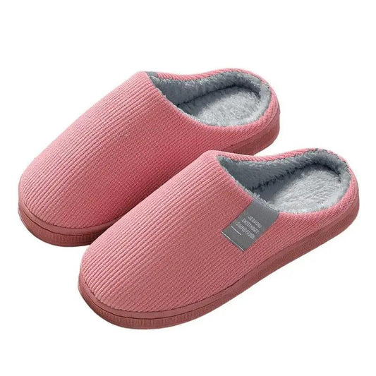 Stevvex pink knit women's slippers with gray plush lining and memory foam comfort, pair on Tampa Home & Garden Store