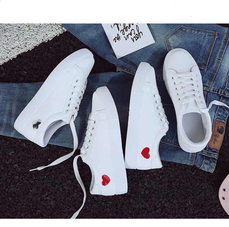Stevvex white PU leather sneakers with red heart accents, casual platform sneakers, 3 pairs on Tampa Home & Garden Store
