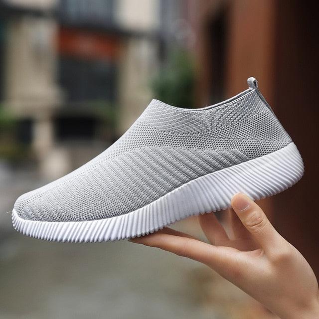 Stevvex women's knit slip-on sneakers with gray breathable upper and white platform sole on Tampa Home & Garden Store