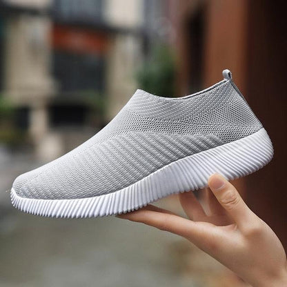 Stevvex women's knit slip-on sneakers with gray breathable upper and white platform sole on Tampa Home & Garden Store