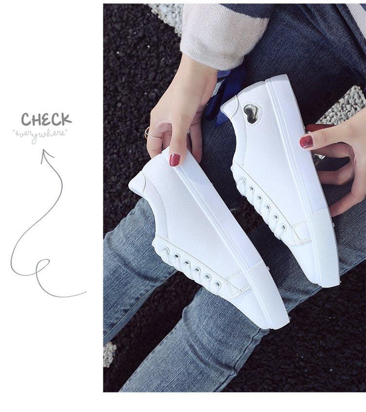 Stevvex white PU leather sneakers with heart accent, platform casual women's shoes on Tampa Home & Garden Store