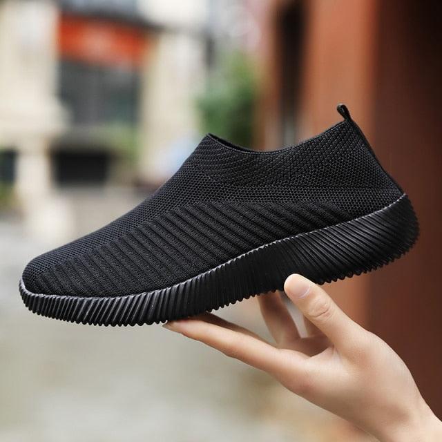 Stevvex women's slip-on knit sneakers, black platform casual shoes with breathable knit upper on Tampa Home & Garden Store