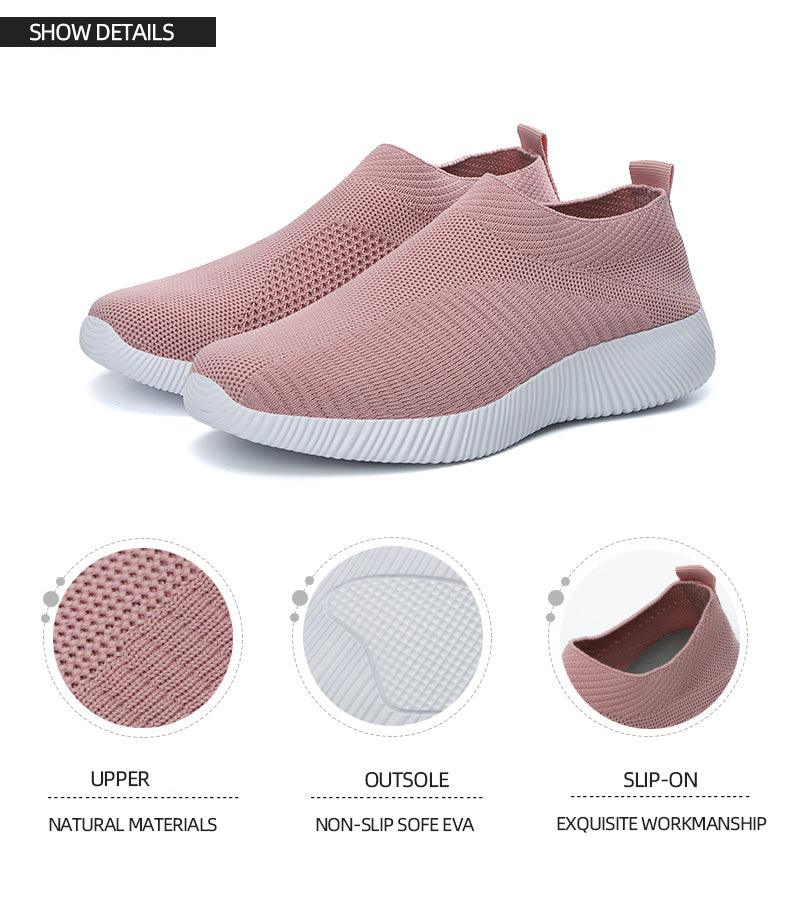 Stevvex women's pink knit slip-on sneakers with white platform sole and breathable upper on Tampa Home & Garden Store