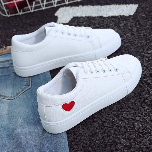 Stevvex white PU leather sneakers with red heart embroidery and platform sole pair on Tampa Home & Garden Store