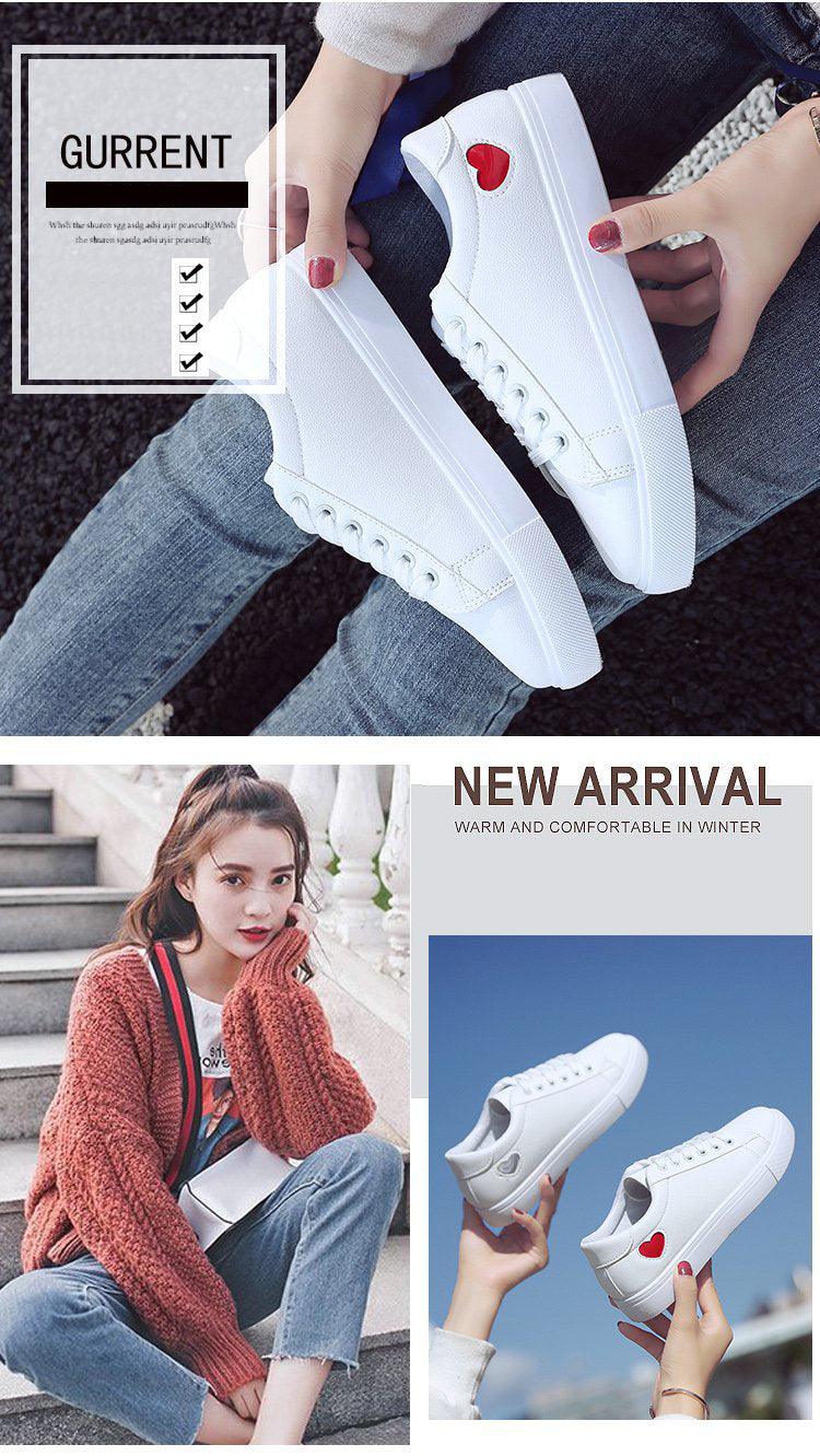 Stevvex women's white PU leather sneakers with red heart accent and platform sole pair on Tampa Home & Garden Store