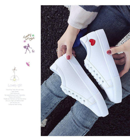 Stevvex women's white PU leather sneakers with heart accent, lace-up platform casual flats for women on Tampa Home & Garden Store