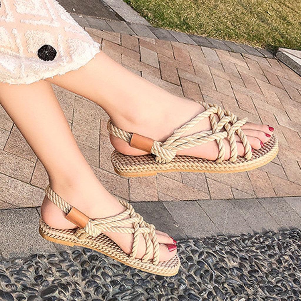 Stevvex braided rope sandals with beige straps and woven sole, casual beach sandals on Tampa Home & Garden Store