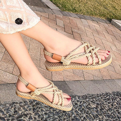 Stevvex braided rope sandals with beige straps and woven sole, casual beach sandals on Tampa Home & Garden Store