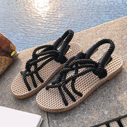 Stevvex braided rope sandals beige textured footbed with black rope straps on Tampa Home & Garden Store