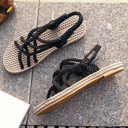Women braided rope sandals Stevvex black rope straps beige sole travel sandals 2 pairs on Tampa Home & Garden Store