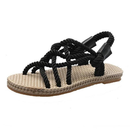 Stevvex braided rope sandals with black straps and tan woven footbed arch support beach travel on Tampa Home & Garden Store