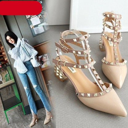 Pair of nude Stevvex pointed-toe strappy high heel sandals with studs and adjustable strap on Tampa Home & Garden Store