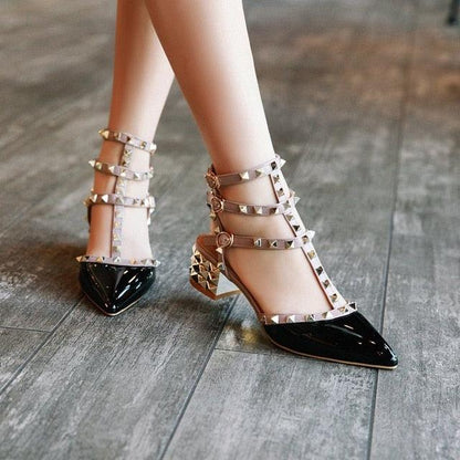 Stevvex women's pointed-toe strappy sandals with pyramid studs, adjustable ankle straps and a chunky metallic heel, black patent toe on Tampa Home & Garden Store
