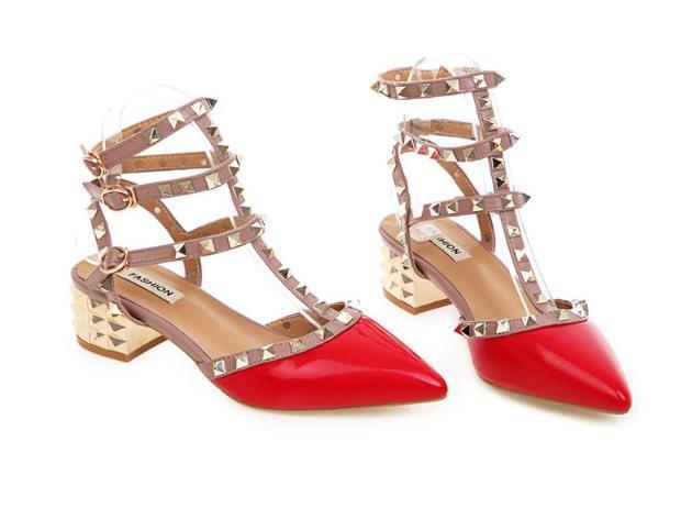Stevvex women's red pointed-toe strappy sandals with studded ankles and block heel on Tampa Home & Garden Store