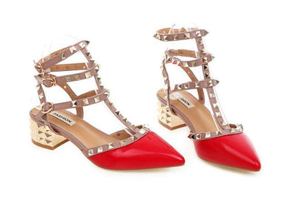 Stevvex women's red pointed-toe strappy sandals with studded ankles and block heel on Tampa Home & Garden Store