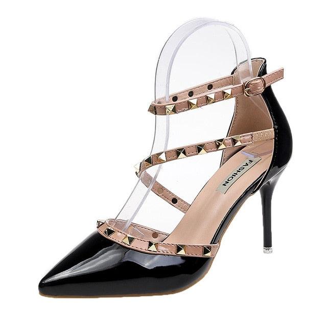 Stevvex women's strappy pointed-toe heel sandal with black patent toe and nude studded straps on Tampa Home & Garden Store