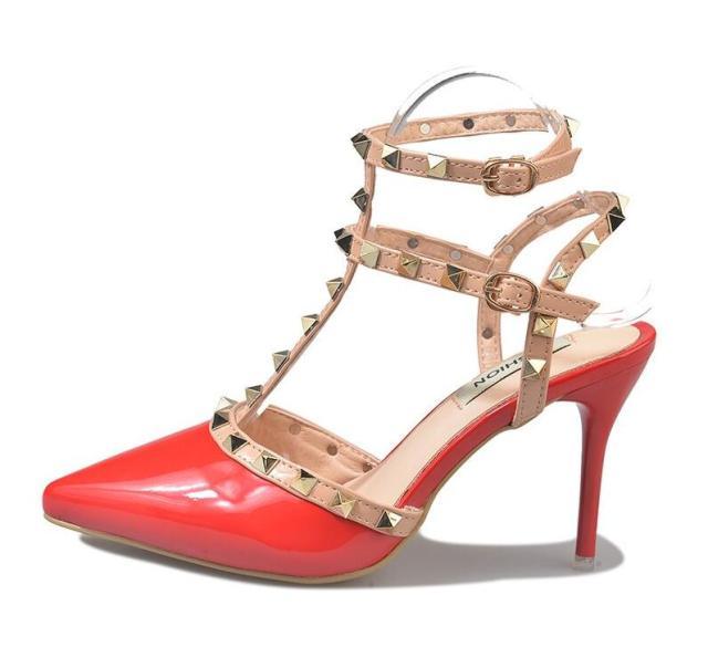 Stevvex red pointed-toe sandal with nude studded T-strap stiletto heel on Tampa Home & Garden Store