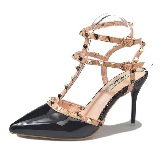 Stevvex women's strappy sandal with black patent pointed toe and nude studded straps on Tampa Home & Garden Store