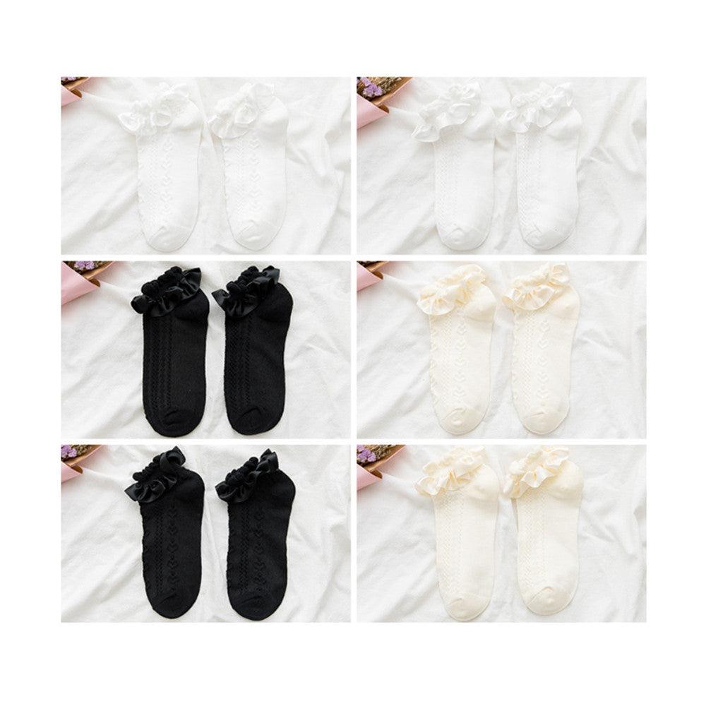 Stevvex nylon lace ruffle crew socks in white, black and ivory; six pairs shown for cosplay on Tampa Home & Garden Store