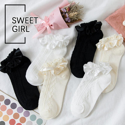 Stevvex woman summer ruffle socks nylon lace crew socks in black white cream with frilled bows on Tampa Home & Garden Store
