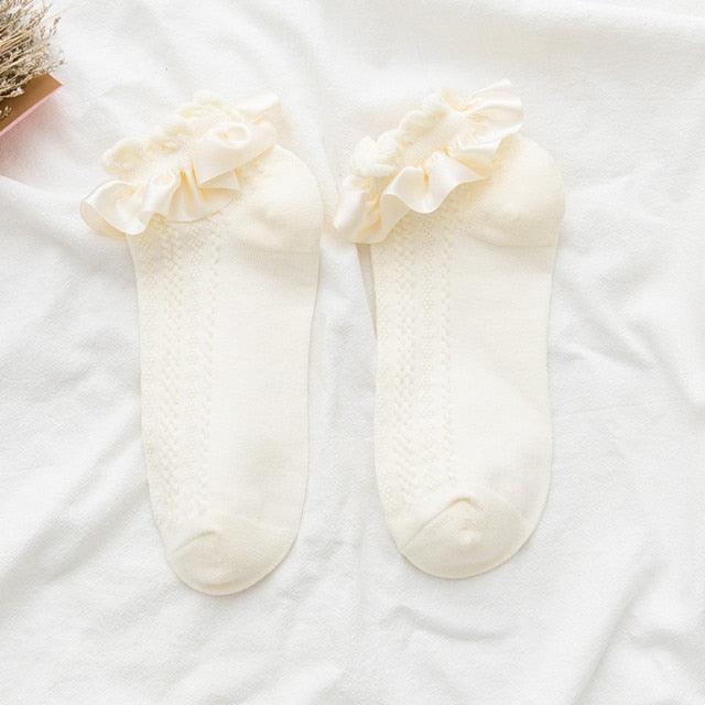 Woman Summer Ruffle Socks cream nylon lace trim, short crew socks, 2 pairs Stevvex on Tampa Home & Garden Store