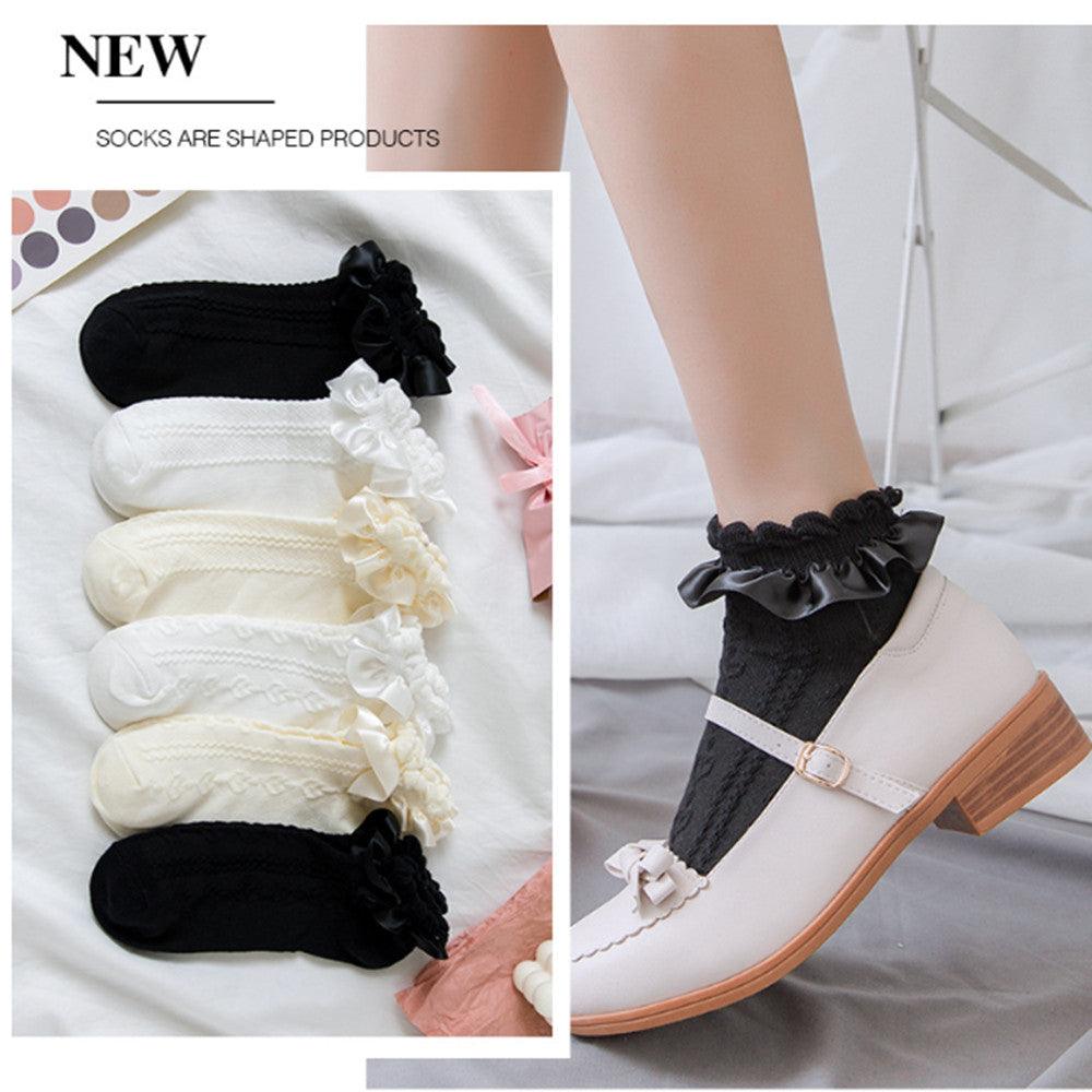 Women’s summer ruffle socks set of six with nylon lace and bows in black white ivory on Tampa Home & Garden Store