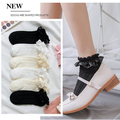 Women’s summer ruffle socks set of six with nylon lace and bows in black white ivory on Tampa Home & Garden Store