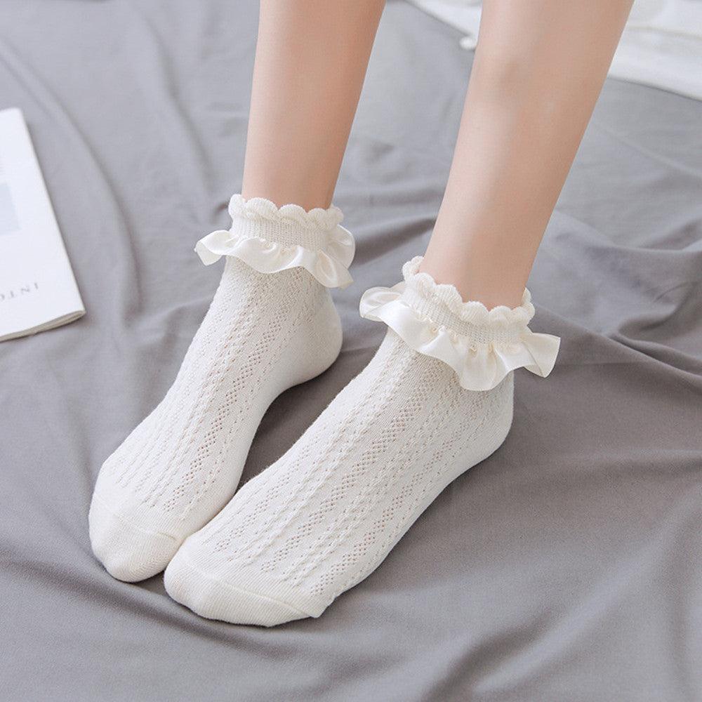 Stevvex white knit ankle socks with lace frill cuff, nylon lace, crew length on Tampa Home & Garden Store
