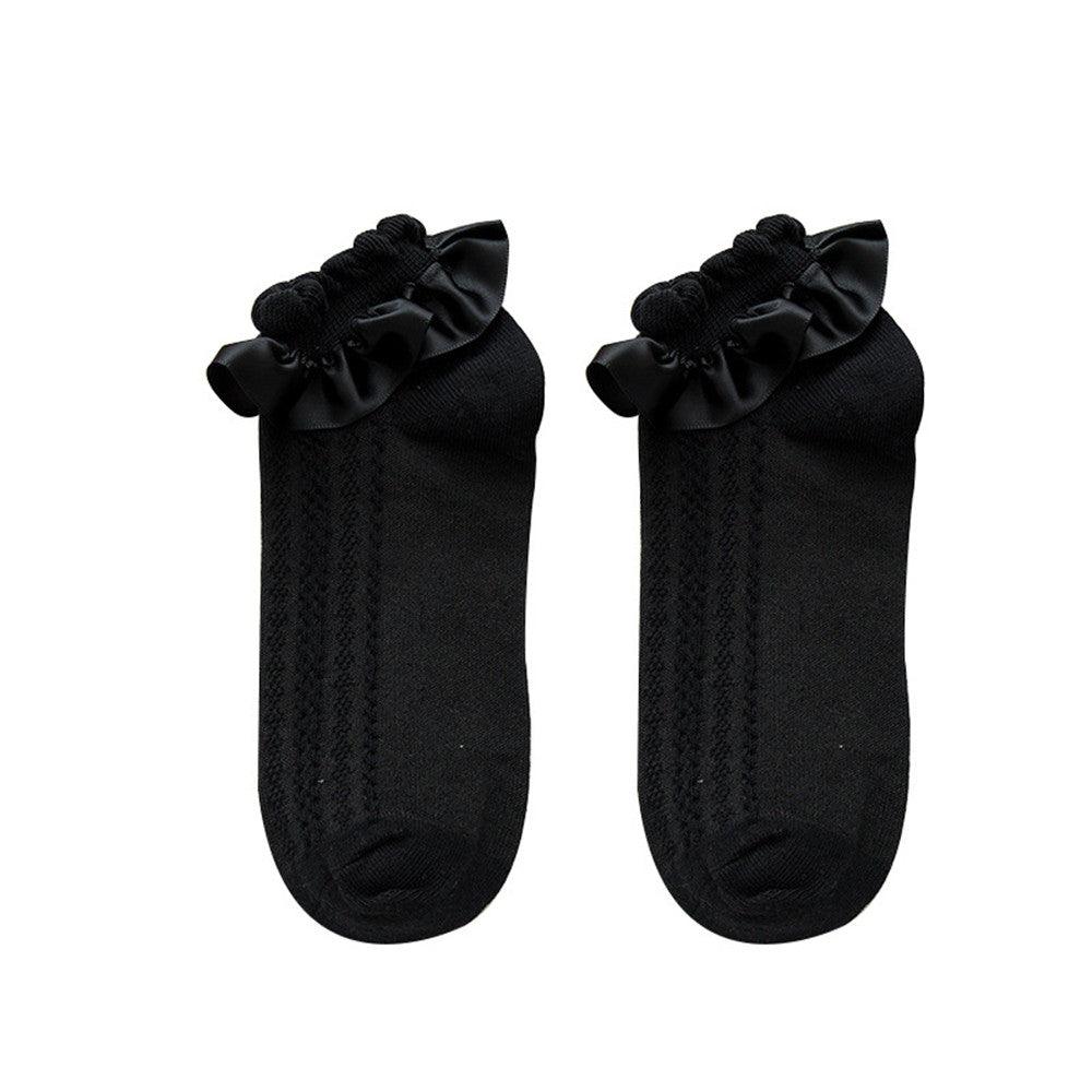 Pair of black crew socks with ruffle satin top and knit pattern (2 pcs) on Tampa Home & Garden Store