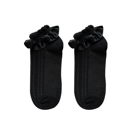 Pair of black crew socks with ruffle satin top and knit pattern (2 pcs) on Tampa Home & Garden Store