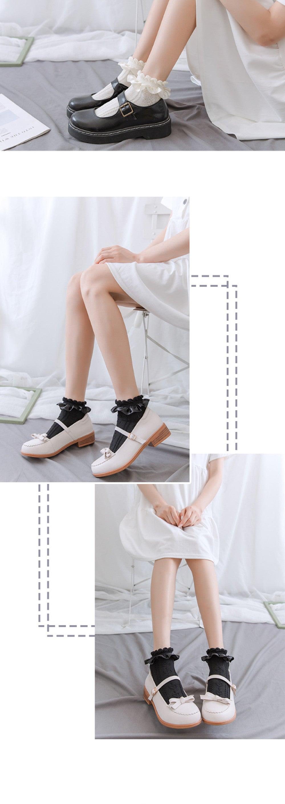 Stevvex Woman Summer Ruffle Socks white nylon lace ankle socks and black frill crew socks on Tampa Home & Garden Store