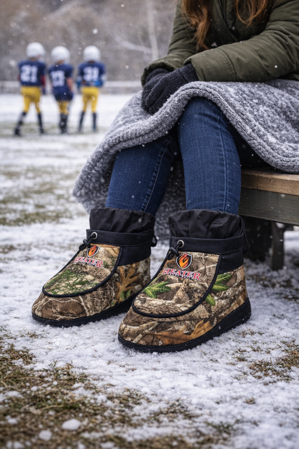 Camouflage boot covers with windproof waterproof fabric and knit cuff worn over boots in snow on Tampa Home & Garden Store