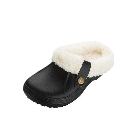 Stevvex black fur-lined slippers with plush interior, strap and gold button indoor clogs on Tampa Home & Garden Store