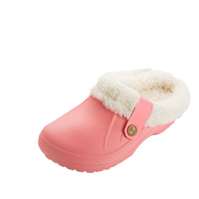 Women's pink fur-lined clog slippers with plush lining and side strap, waterproof indoor wear on Tampa Home & Garden Store