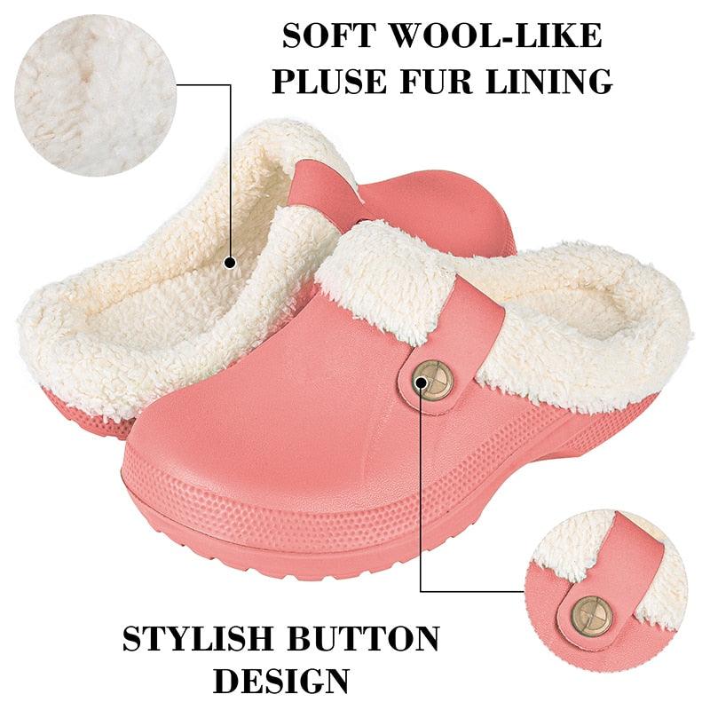 Women's waterproof slippers with plush wool-like lining and button strap, clogs ST85SH2411DBJ on Tampa Home & Garden Store