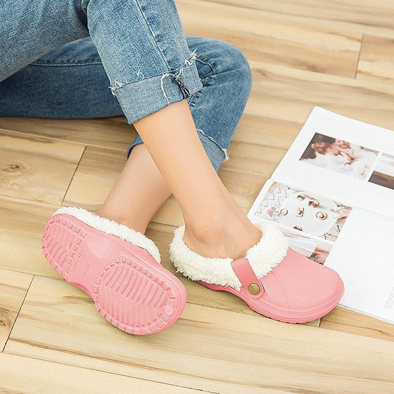 Women pink fur-lined Stevvex slippers, plush waterproof indoor clogs for home use on Tampa Home & Garden Store
