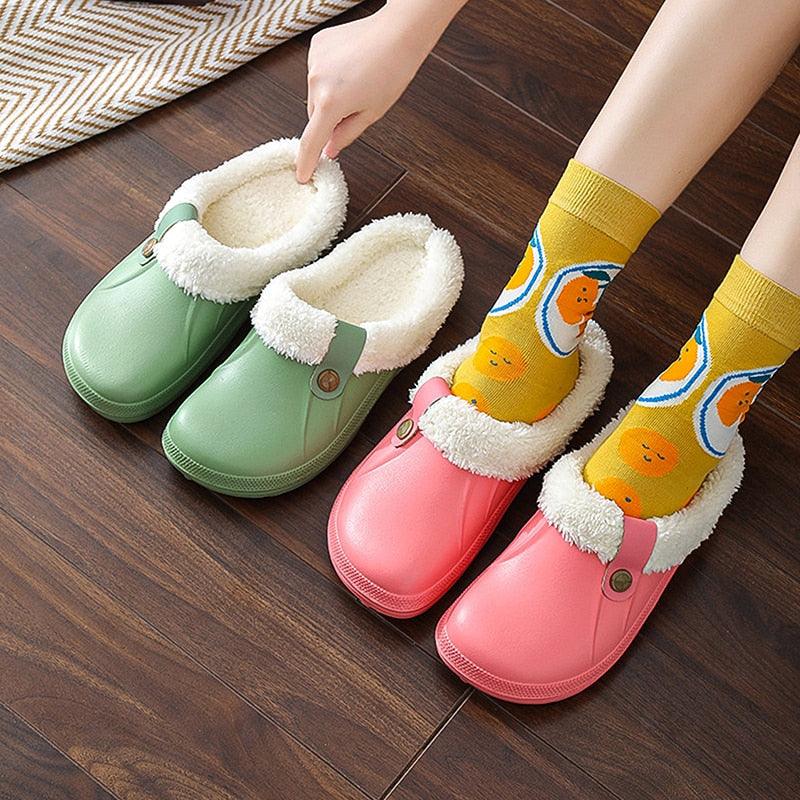 Stevvex fur-lined waterproof slippers set of two pink and green pairs with plush lining on Tampa Home & Garden Store
