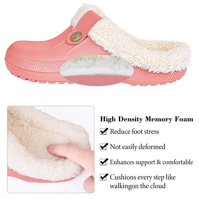 Stevvex pink fur-lined waterproof warm slippers clogs for home memory foam cushion on Tampa Home & Garden Store