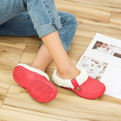 Slippers red fur-lined waterproof indoor clogs, Stevvex ST85SH2411DBJ, women's warm home shoes on Tampa Home & Garden Store