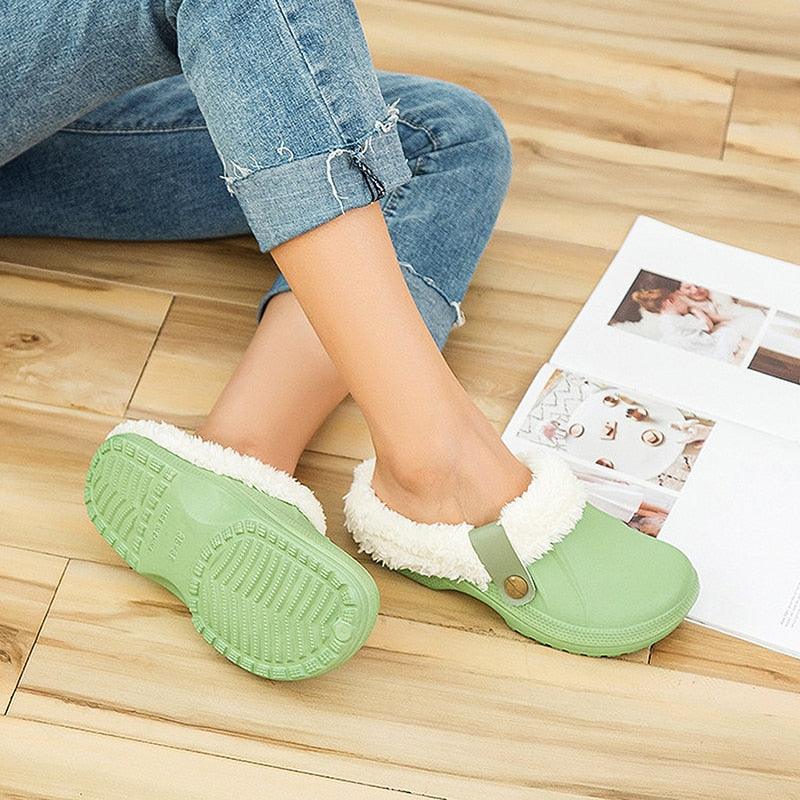 Stevvex green fur-lined slippers with plush interior, strap and rubber sole for indoor wear on Tampa Home & Garden Store