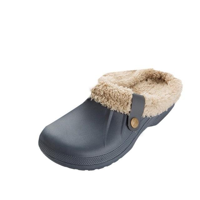 Stevvex grey fur-lined waterproof clog slippers with beige plush lining and buttoned strap on Tampa Home & Garden Store