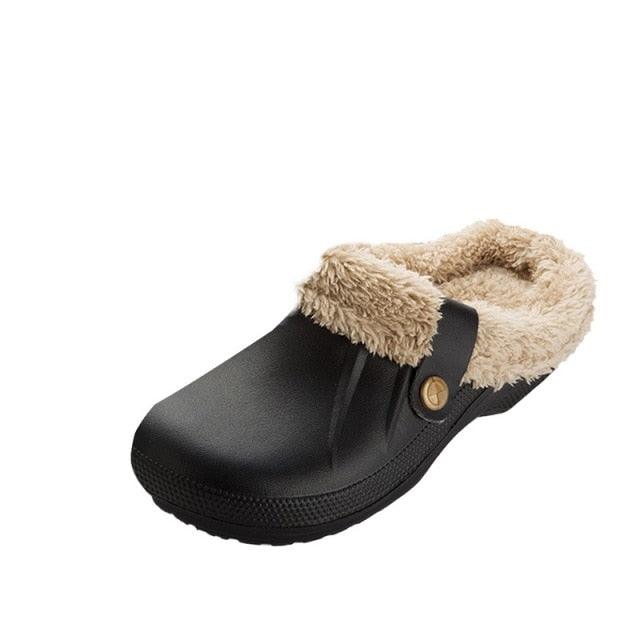 Stevvex women's fur-lined waterproof slipper clog in black with beige lining for indoor use on Tampa Home & Garden Store