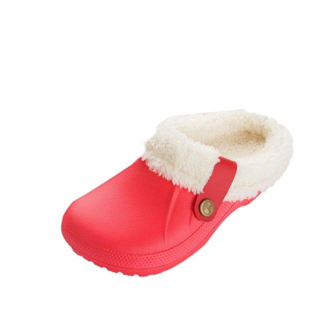 Stevvex women's red fur-lined waterproof slipper clog for indoor warm comfort on Tampa Home & Garden Store