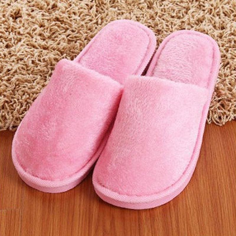 Pink women's plush fur-lined slip-on slippers, warm waterproof indoor clogs for home use, pair on Tampa Home & Garden Store