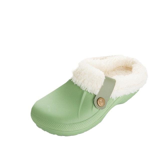 Stevvex women's green fur-lined waterproof slippers clog for home indoor use on Tampa Home & Garden Store